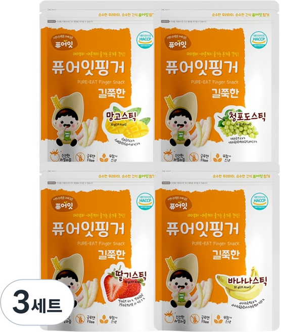 퓨어잇 핑거 길쭉한 과일스틱 30g x 4종 세트, 3세트, 혼합맛(바나나, 딸기, 청포도, 망고)