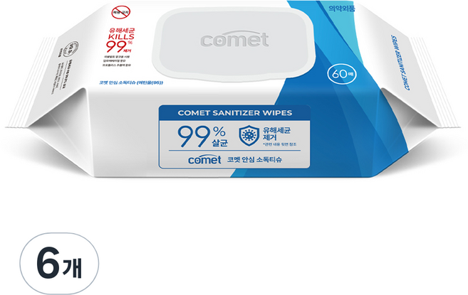 코멧 안심 소독티슈 캡형, 50g, 60매, 6개