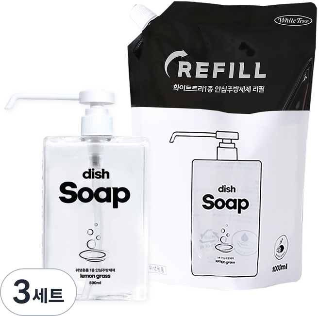 화이트트리 안심 주방세제 본품 500ml + 리필 1L, 3세트