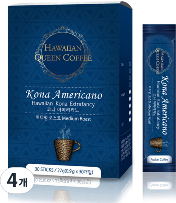 하와이안퀸커피 코나아메리카노 스틱커피, 900mg, 30개입, 4개