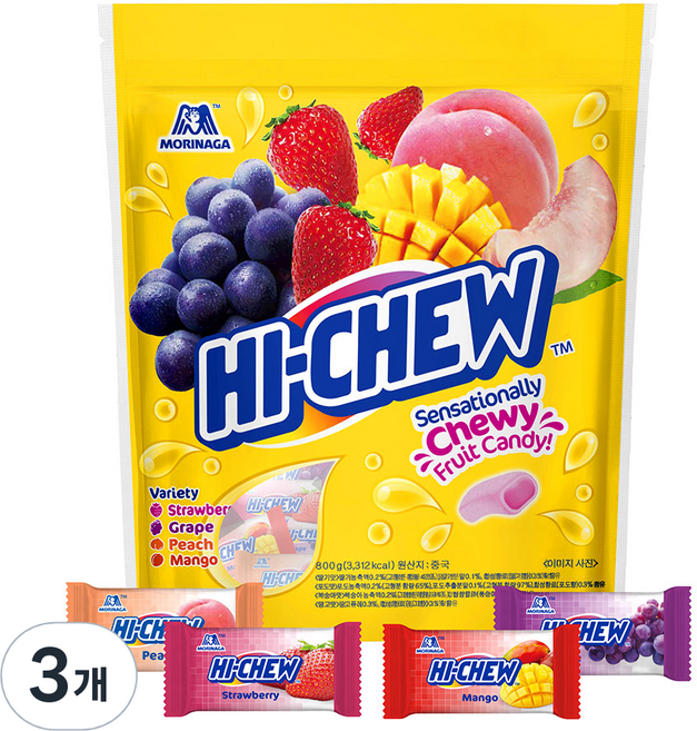 MORINAGA 森永 HI-CHEW 嗨啾 綜合水果風味軟糖, 3袋, 800g