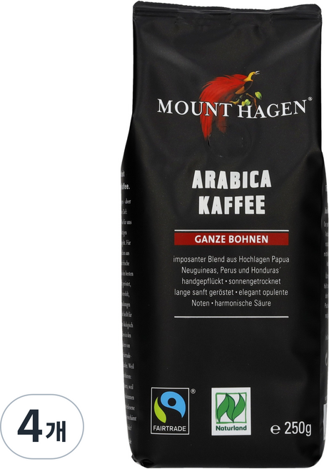 마운트하겐 유기농 아라비카 커피 원두, 홀빈(분쇄안함), 250g, 4개
