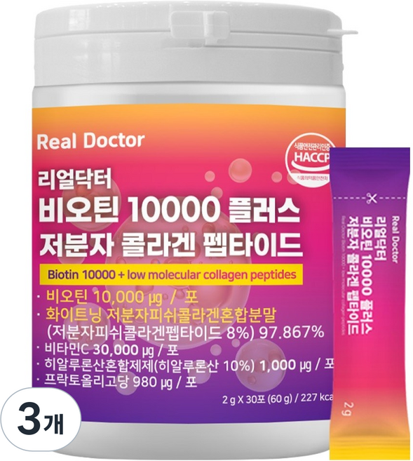 리얼닥터 비오틴10000 플러스 저분자콜라겐 펩타이드 히알루론산 비타민C 30p, 3개, 30회분