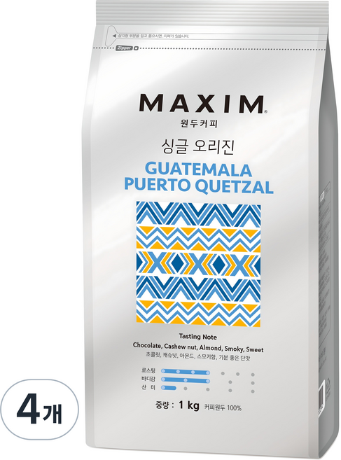 맥심 싱글 오리진 과테말라 푸에르토 케찰 커피원두, 1kg, 1개입, 4개