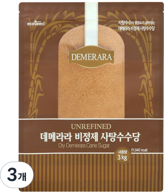 에코씨드 모리셔스 데메라라 비정제 사탕수수당, 3kg, 3개