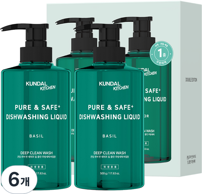 쿤달 퓨어 앤 세이프 딥 클린 주방세제 바질향, 500g, 6개