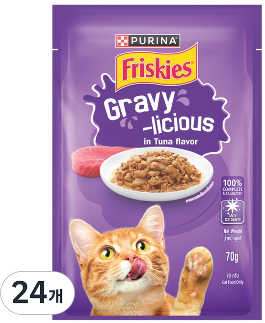 프리스키 고양이 퓨리나 그레이비 주식 습식 파우치 참치맛, 닭, 70g, 24개