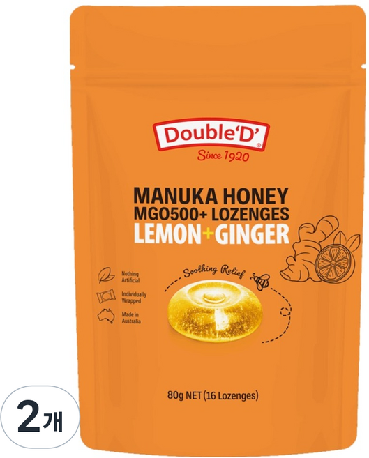 DoubleD 마누카꿀 레몬 진저 캔디, 80g, 2개