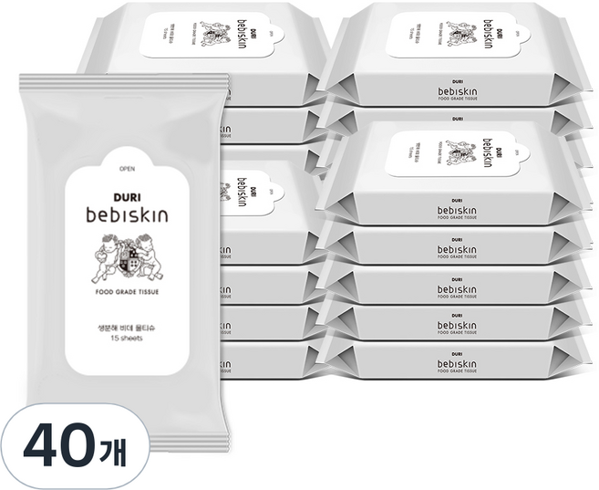 두리 베비스킨 생분해 비데 물티슈 휴대형, 63g, 15개입, 40개