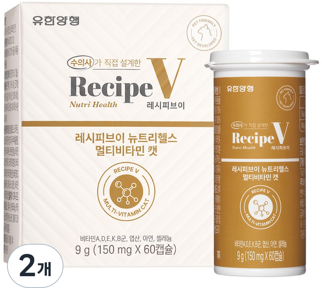 유한양행레시피브이 고양이 뉴트리헬스, 2개, 종합영양제, 60정