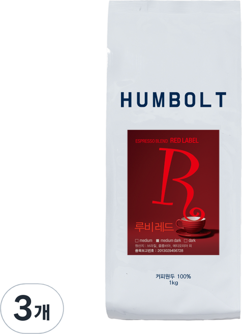 훔볼트 루비레드 스페셜티 블렌드 원두커피, 홀빈(분쇄안함), 1kg, 3개