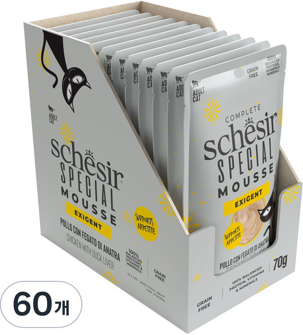 스케지어 어덜트용 쉐지애 스페셜무스 소화 헤어볼 고양이 주식 파우치, 닭, 70g, 60개