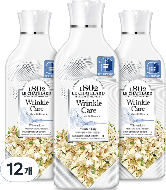 르샤트라1802 링클케어 초고농축 섬유유연제 화이트 & 릴리 본품, 1L, 12개