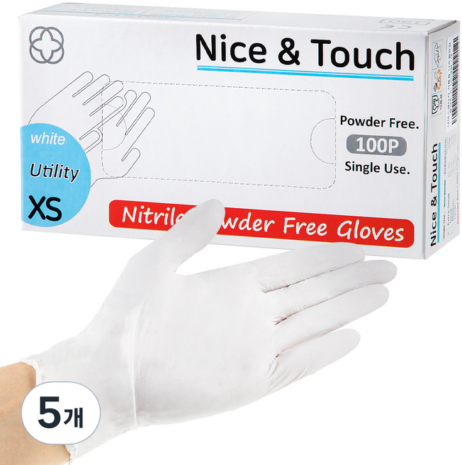 나이스앤터치 니트릴 장갑 100p, 화이트, 미니(XS), 5개