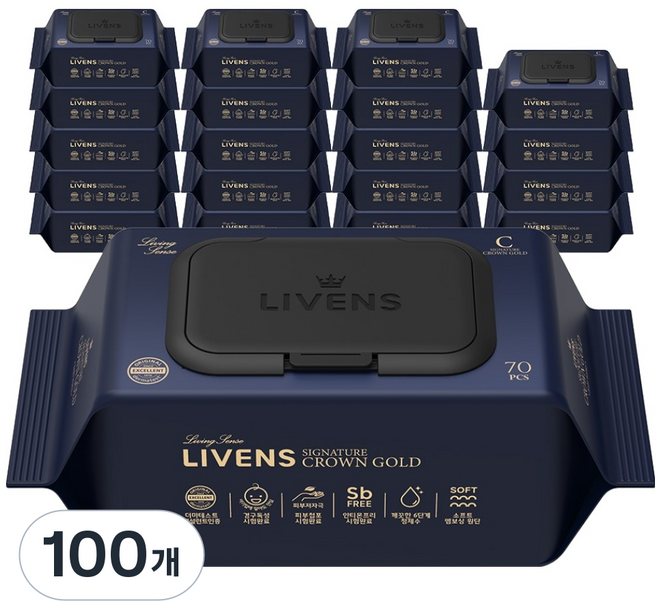 리벤스 시그니처 크라운 골드 아기 물티슈 캡형, 75g, 70매, 100개