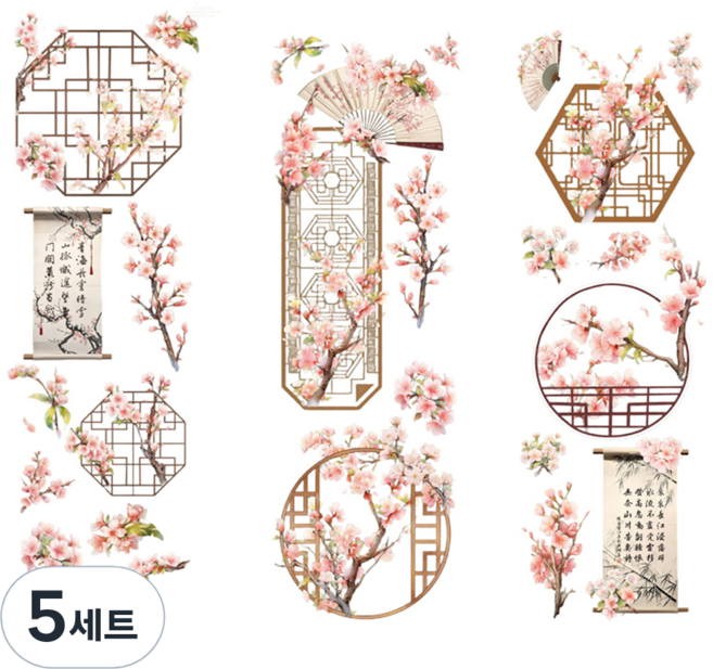 Sellingnew 東方風PET手帳手機裝飾貼紙3件組, 5套, 桃花