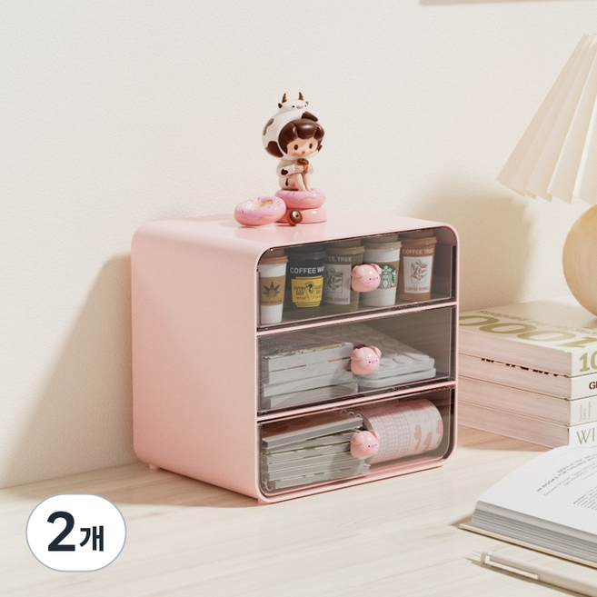BenF 豬豬 3格 小物 桌上整理 抽屜 收納盒 大型, 粉紅色, 2個