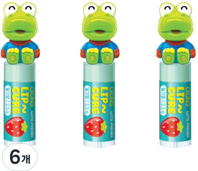 케이엠제약 뽀로로 유아용 크롱 피규어 립큐어 립밤, 딸기향, 6개, 2.5g