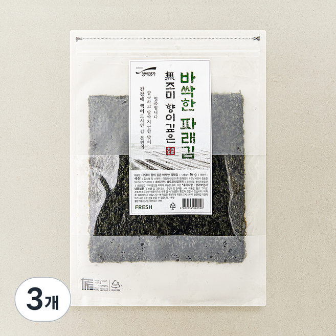 청해명가 무조미 향이 깊은 바싹한 파래김, 16g, 3개, 1개입