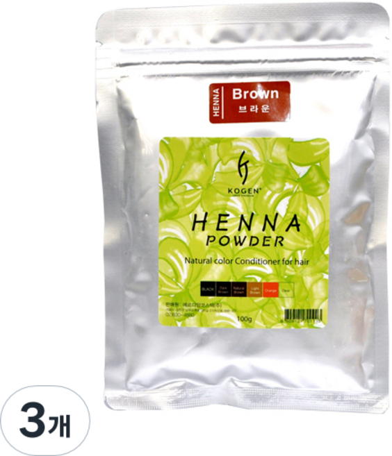 KOGEN HENNA粉染髮劑 100g, 棕色, 3個