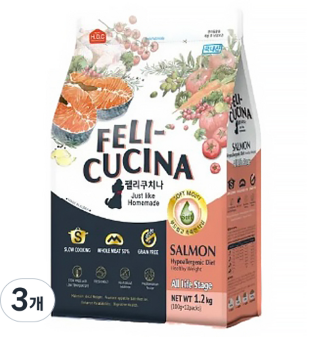 펠리쿠치나 전연령 강아지 소프트사료, 연어, 1.2kg, 3개