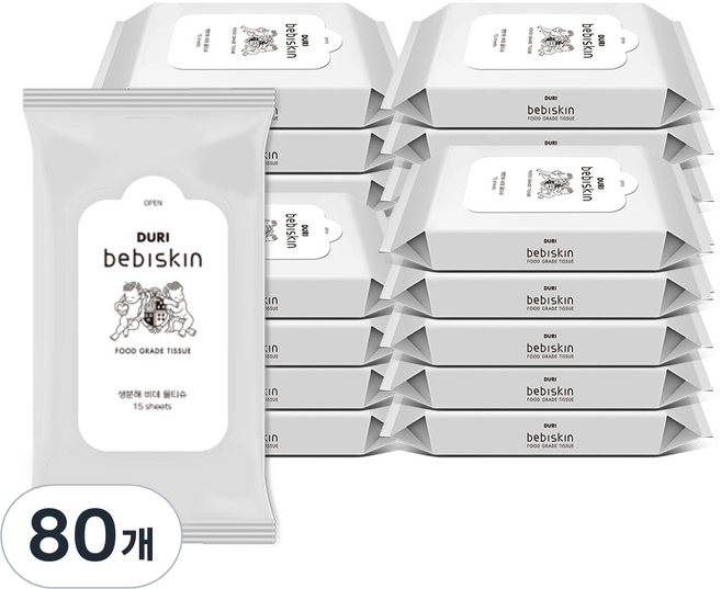 두리 베비스킨 생분해 비데 물티슈 휴대형, 63g, 15개입, 80개