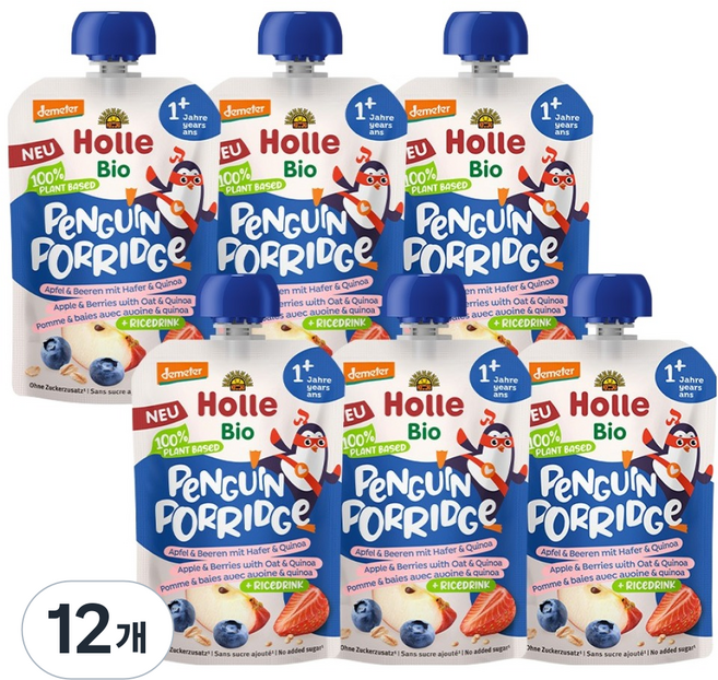 홀레 유기농 오트밀 퓨레 펭귄 포리지, 혼합맛(사과 / 딸기 / 블루베리), 110g, 12개
