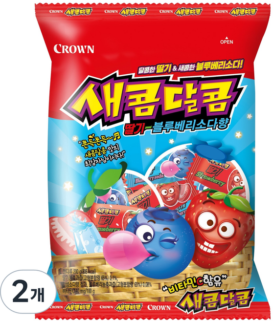 크라운 새콤달콤 딸기 블루베리소다, 200g, 2개