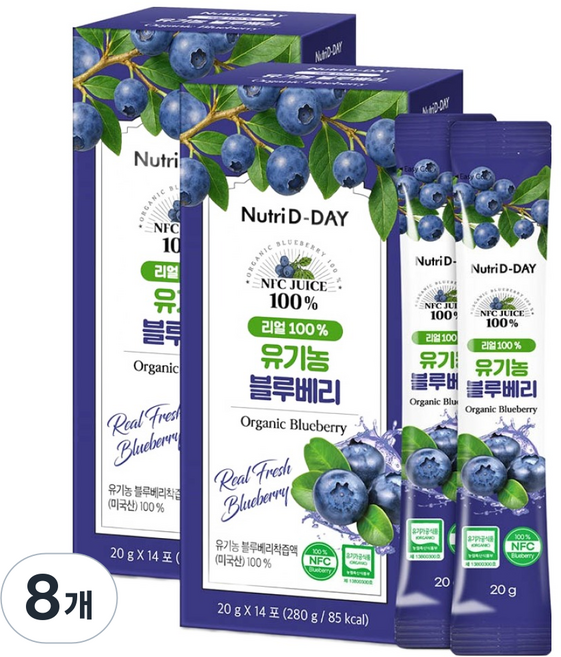 뉴트리디데이 리얼 100% NFC 착즙 유기농 블루베리 스틱, 280g, 8개