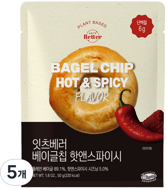 잇츠베러 베이글칩 핫앤스파이시, 50g, 5개