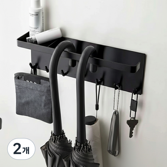 메이크마인 현관 자석 우산꽂이 무타공 다용도 걸이, 블랙, 2개