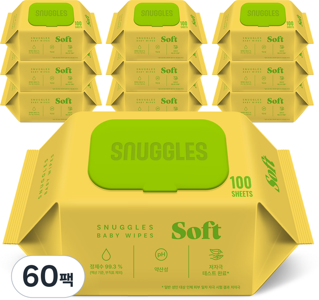 스너글스 소프트 유아용 피부 저자극 인증 아기물티슈 캡형, 60팩, 100매, 35g