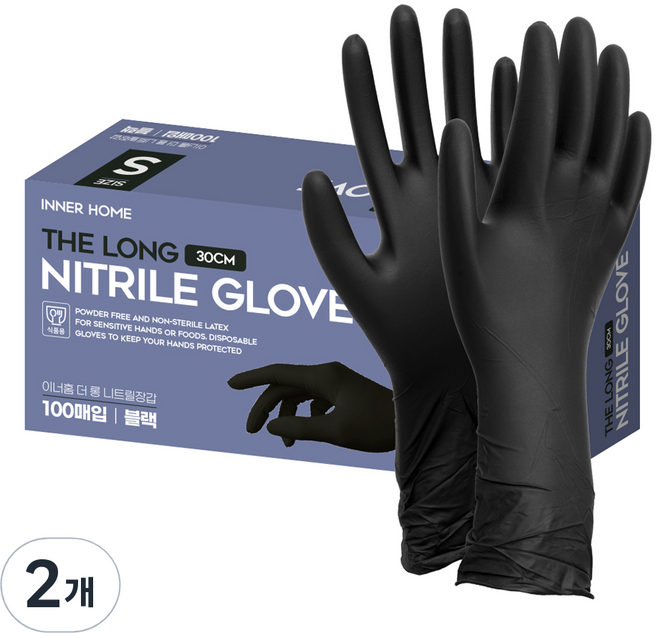 이너홈 더롱 니트릴장갑 30cm 100p, 블랙, 소(S), 2개