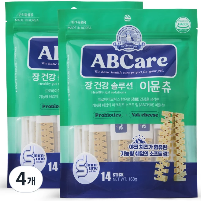 에이비씨케어 강아지 장 건강 솔루션 기능성 소프트 츄 덴탈껌 14p, 야크치즈, 168g, 4개 - 쿠팡