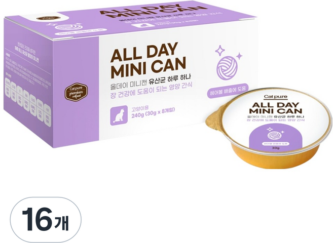 캣퓨어 고양이 올데이 유산균 미니 장건강 헤어볼배출 도움 기능성 습식 간식캔, 16개, 30g, 혼합맛(치킨/참치)