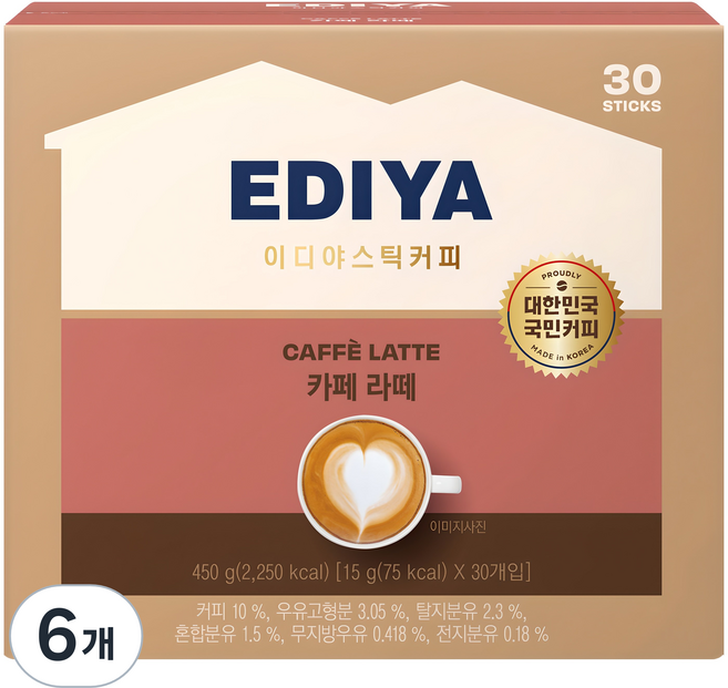이디야 카페 라떼, 15g, 30개입, 6개