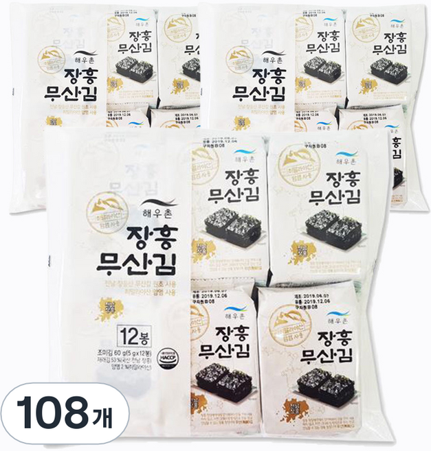 해우촌 장흥 도시락 무산김, 5g, 108개