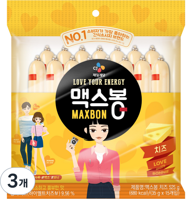 맥스봉 치즈 15p, 525g, 3개