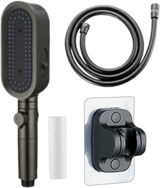 三段增壓過濾蓮蓬頭套裝 附1濾心 + 1.5m防爆軟管 + 底座, 槍灰色, 1組