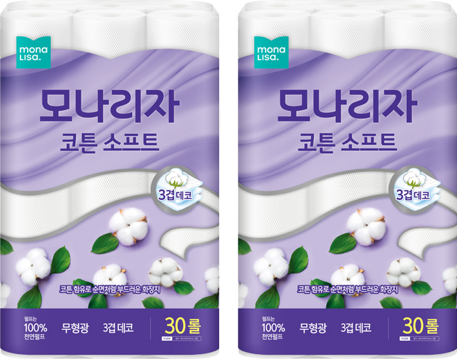 모나리자 코튼 소프트 천연펄프 3겹 고급롤화장지, 25m, 30개입, 2개