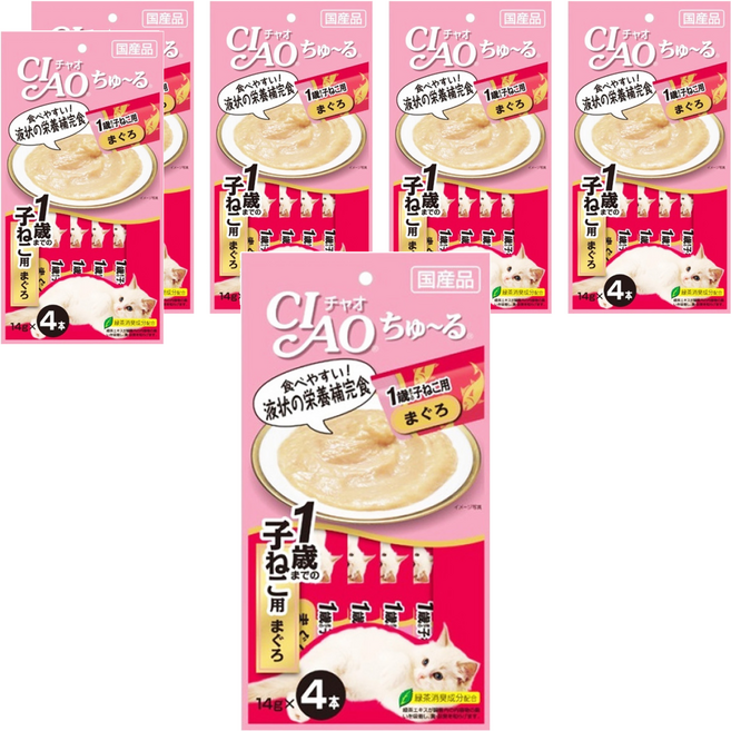 INABA CIAO 啾嚕 肉泥 幼貓用 日本國產 條狀包裝方便餵食 綠茶除臭成分配方, 鮪魚, 56g, 6袋