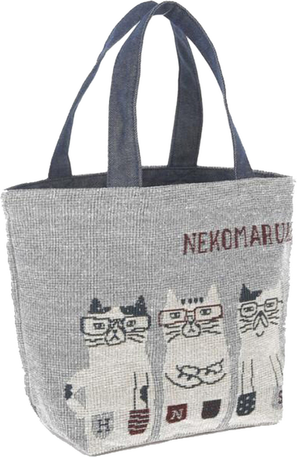 kUSUgURU JAPAN 日本眼鏡貓 NEKOMARUKE貓丸系列 Gobelin編織設計寬口萬用手提包, 灰色