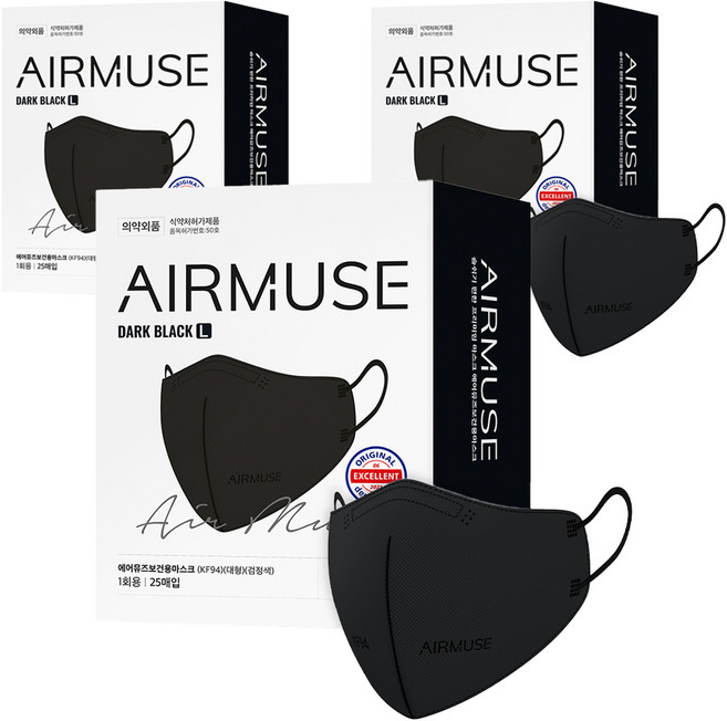 에어뮤즈 보건용 마스크 2D 새부리형 대형 KF94, 25개입, 3개, 블랙