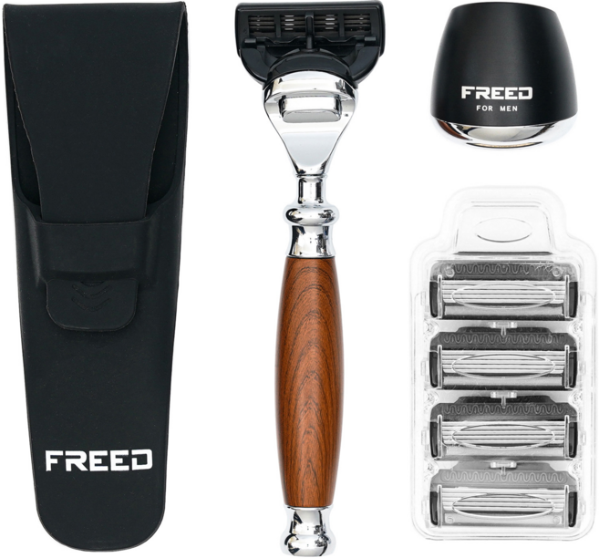 FREED 五刀式鋁合金刮鬍刀尊爵四件組禮盒 附專用底座、旅行套、四入刀片, 1組, 1盒