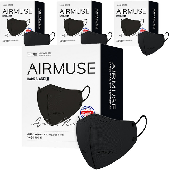 에어뮤즈 보건용 마스크 2D 새부리형 대형 KF94, 25개입, 4개, 블랙