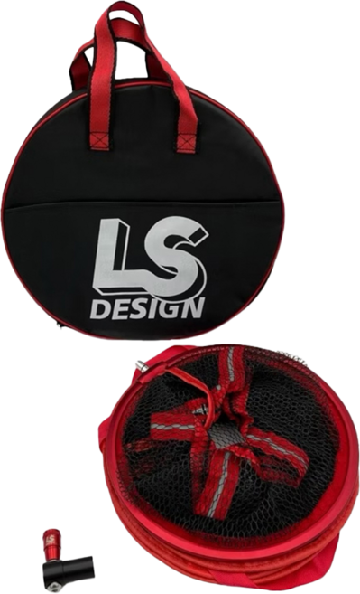 LS DESIGN 雙層蝦網袋 前面附有置物袋 網底部有設計透氣網 1個, 黑色 + 紅色