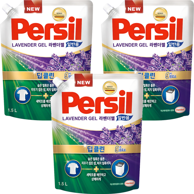 퍼실 딥클린 플러스 액상 세탁세제 라벤더젤 일반용 리필, 1.5L, 3개