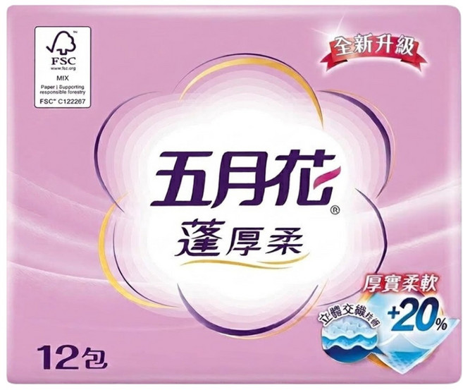 五月花 蓬厚柔頂級抽取衛生紙 100張, 12包, 1袋