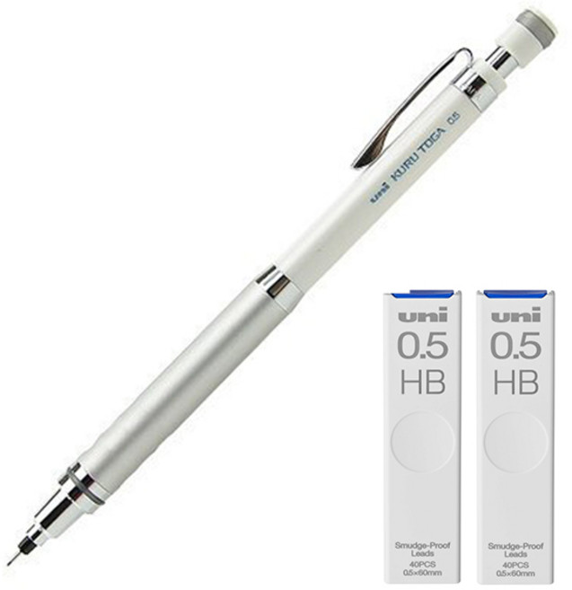 Uni 三菱 KURU TOGA 高級型號自動鉛筆 白色 M5-1012 + 專用筆芯 HB 2入組, 0.5mm, 1套