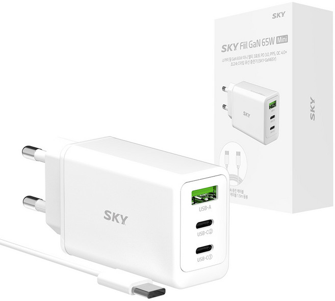 SKY 필 2세대 GaN 65W 미니 3포트 PD3.0 PPS QC4.0 플러스 초고속 C타입 멀티 충전기 + 60W C to C 케이블 1.5m 세트, 화이트, 1세트